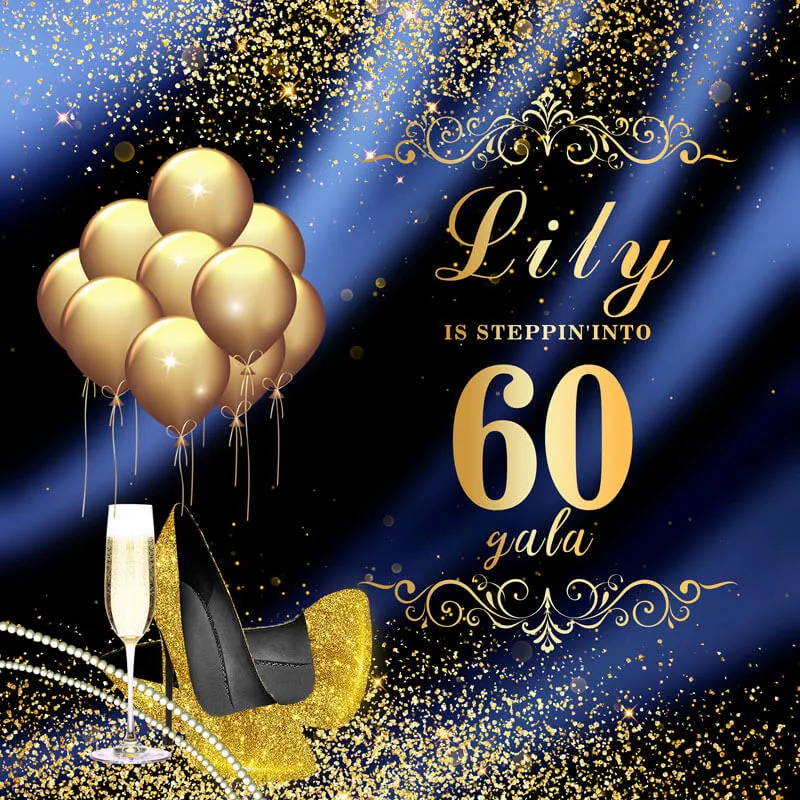 Blue and Gold Backdrop Step and Repeat Birthday Party Decoration Banner - Designed, Printed & Shipped