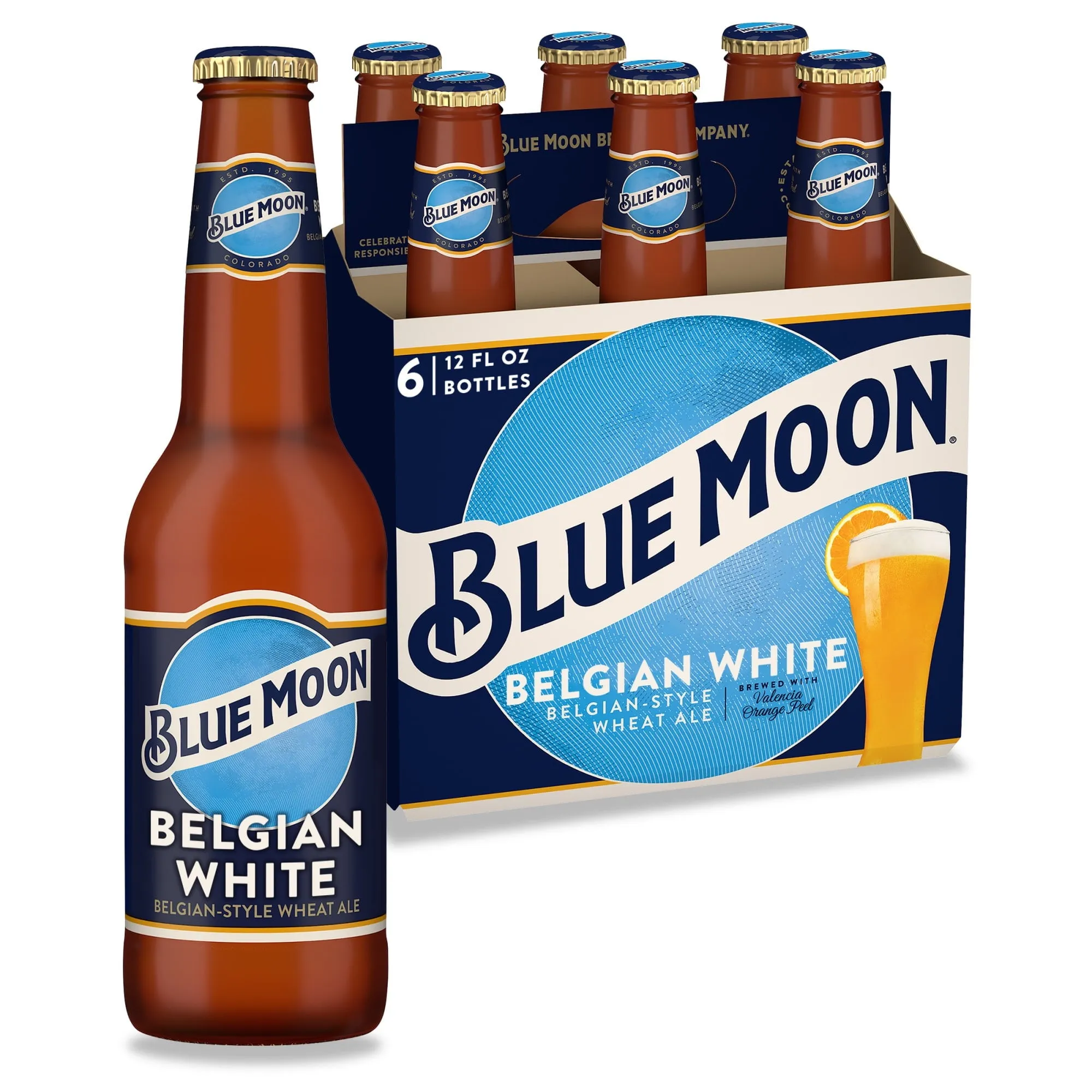 Blue Moon Belgian White Wheat Ale Craft Beer, 6 Pack, 12 fl oz Bottles, 5.4% ABV