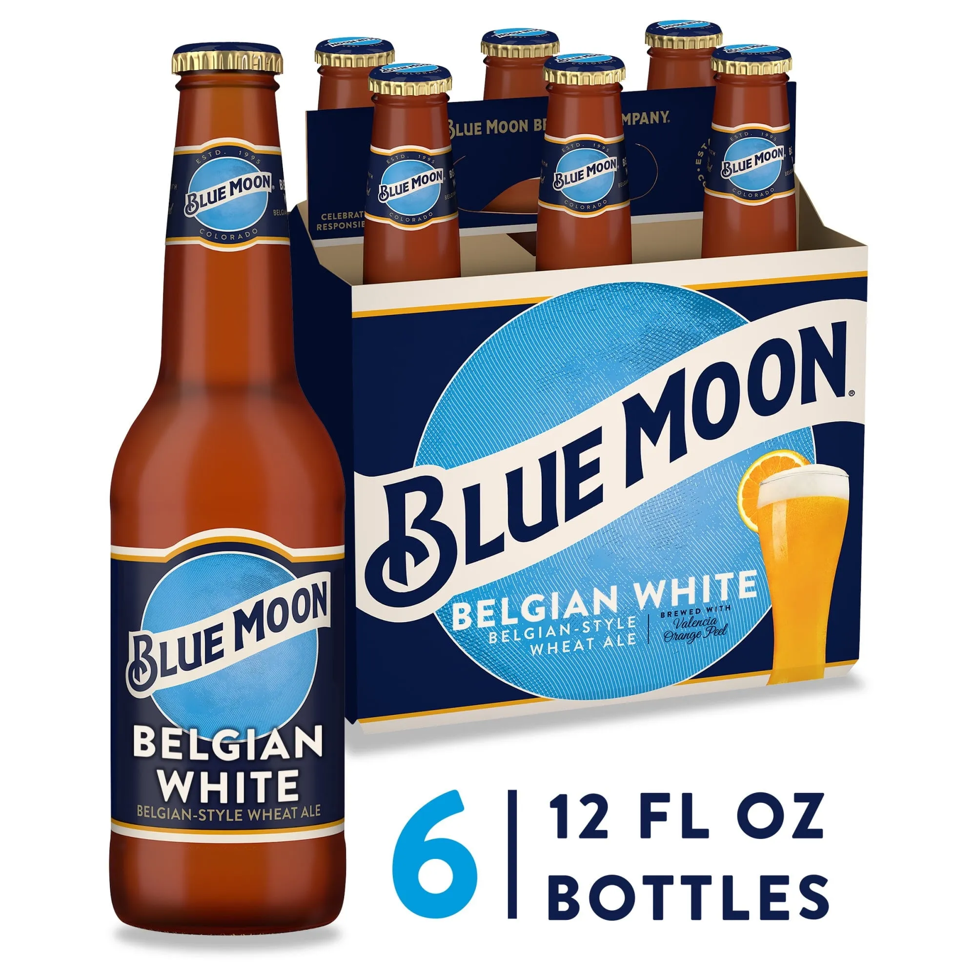 Blue Moon Belgian White Wheat Ale Craft Beer, 6 Pack, 12 fl oz Bottles, 5.4% ABV