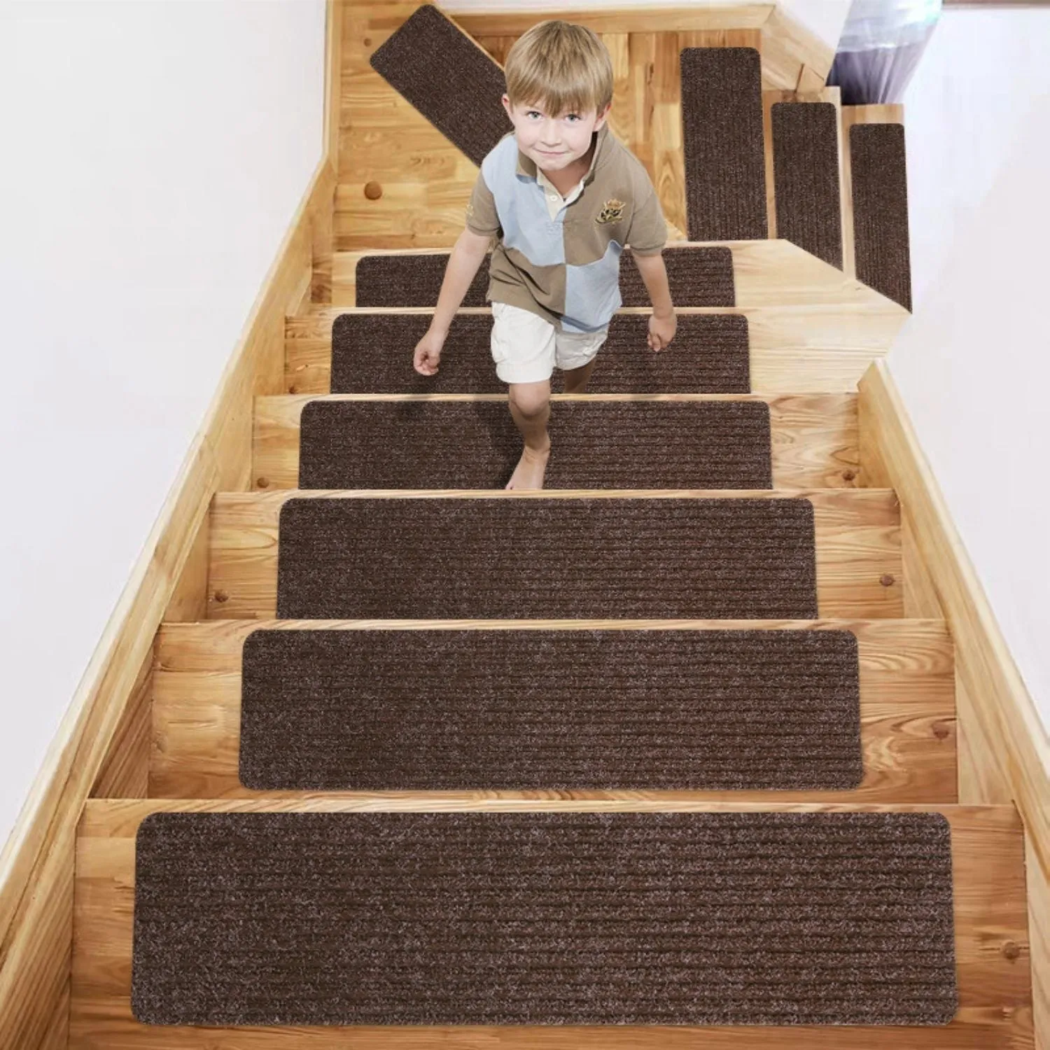 Durable Non-Slip Carpet Stair Treads,Brown,Set of 15