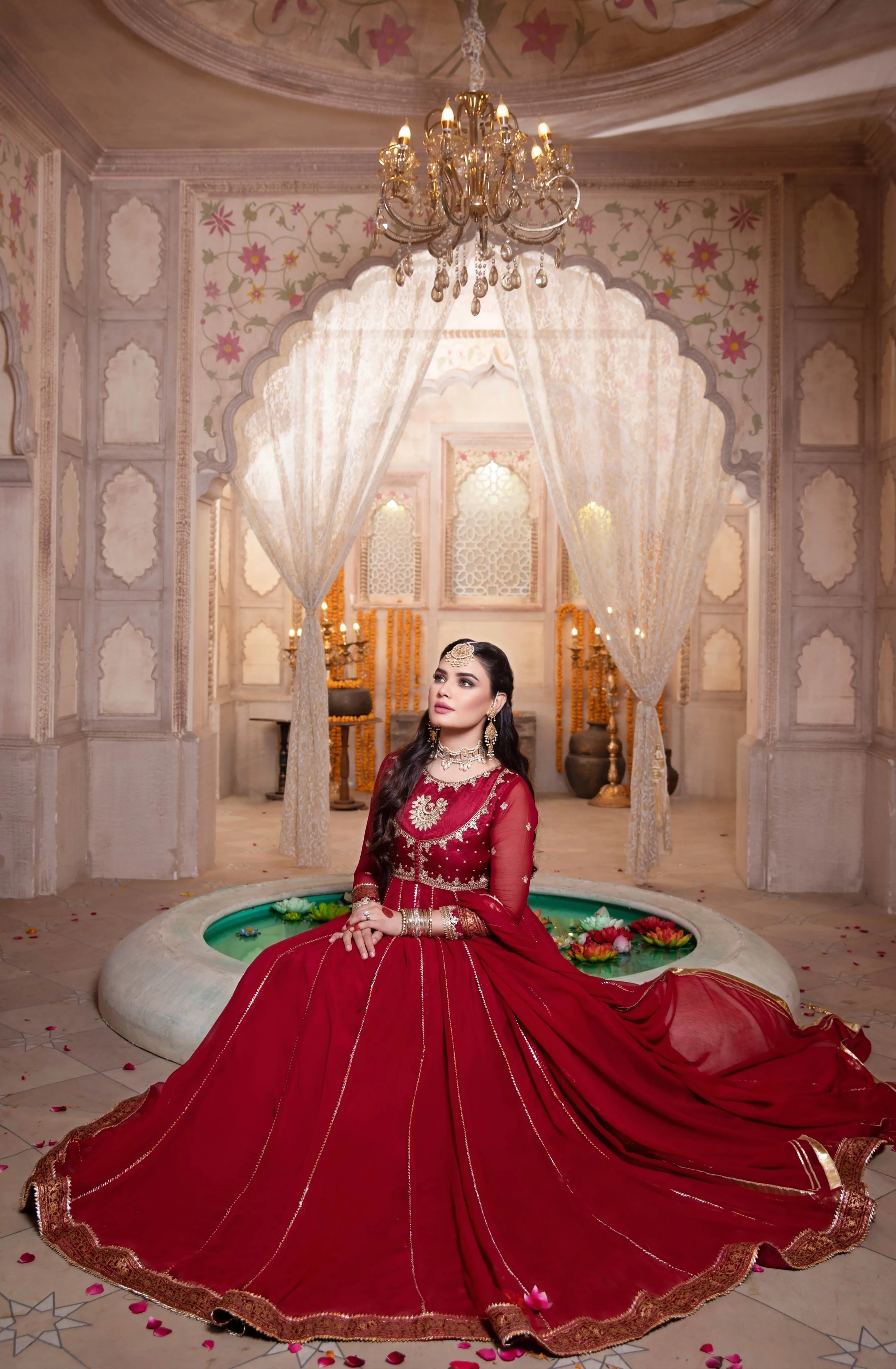 Elegant Red Chiffon Formal Dress with Zardozi and Resham Embroidery (Anar Kali)