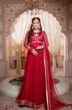 Elegant Red Chiffon Formal Dress with Zardozi and Resham Embroidery (Anar Kali)