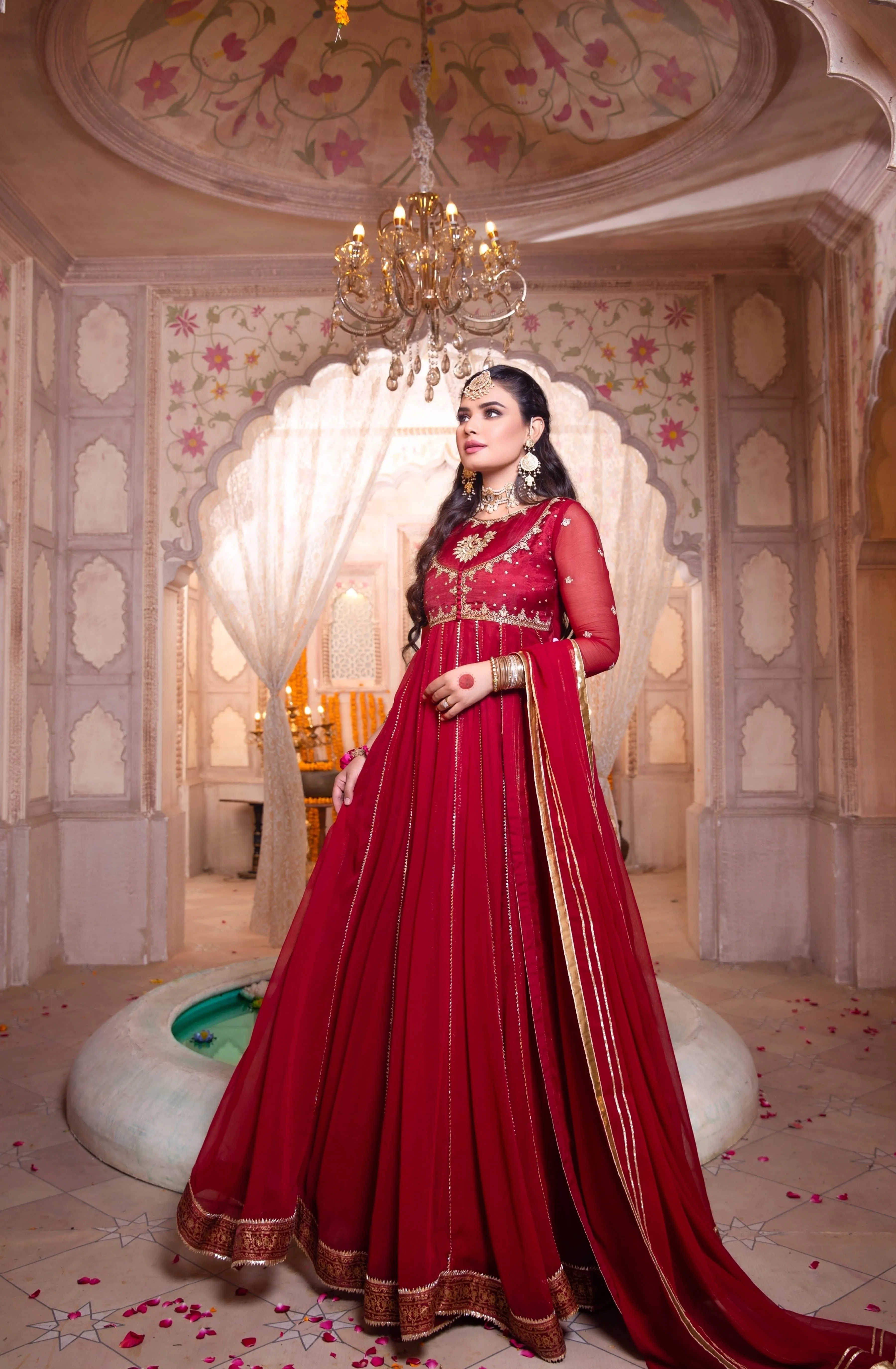 Elegant Red Chiffon Formal Dress with Zardozi and Resham Embroidery (Anar Kali)