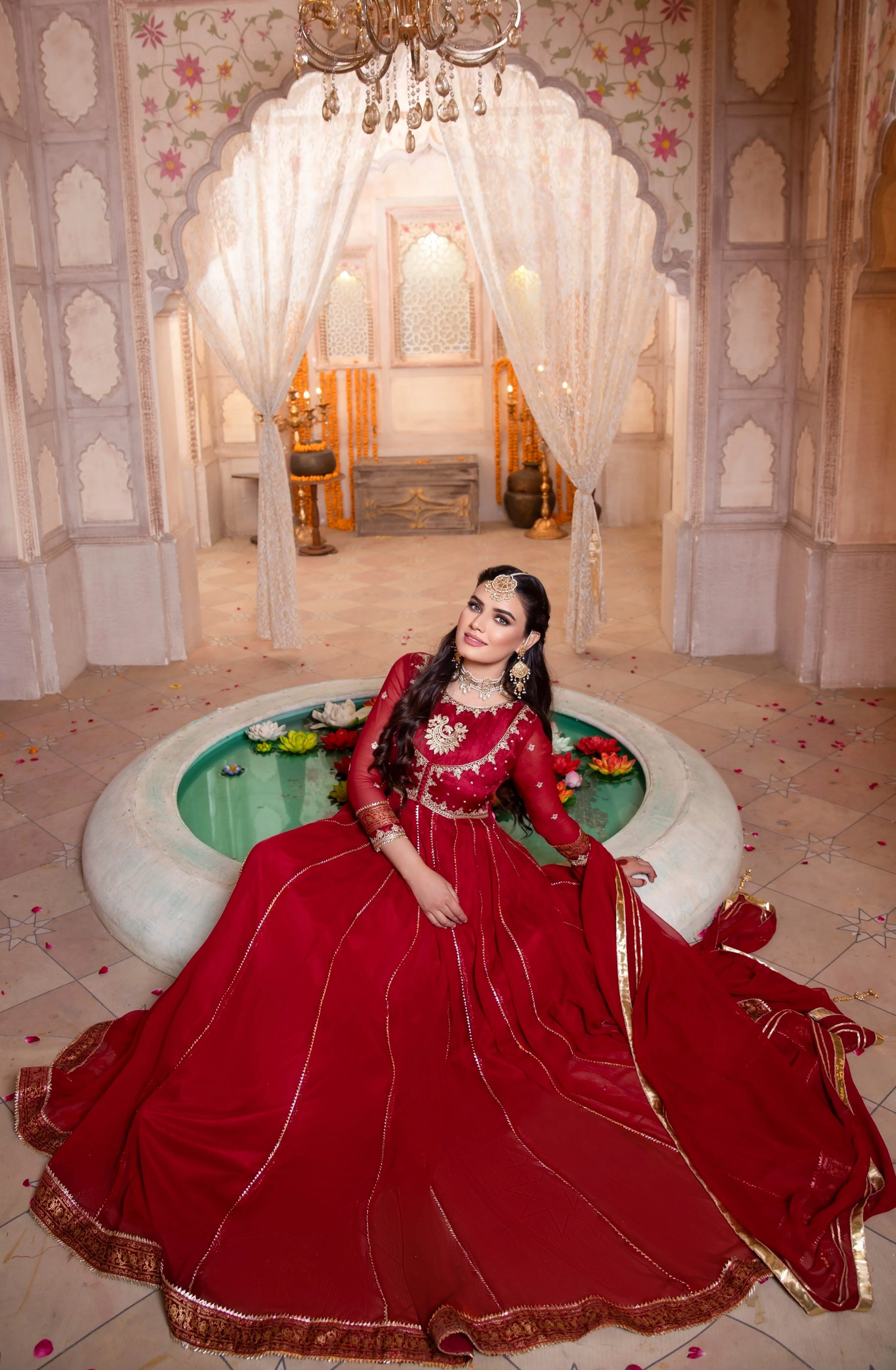 Elegant Red Chiffon Formal Dress with Zardozi and Resham Embroidery (Anar Kali)