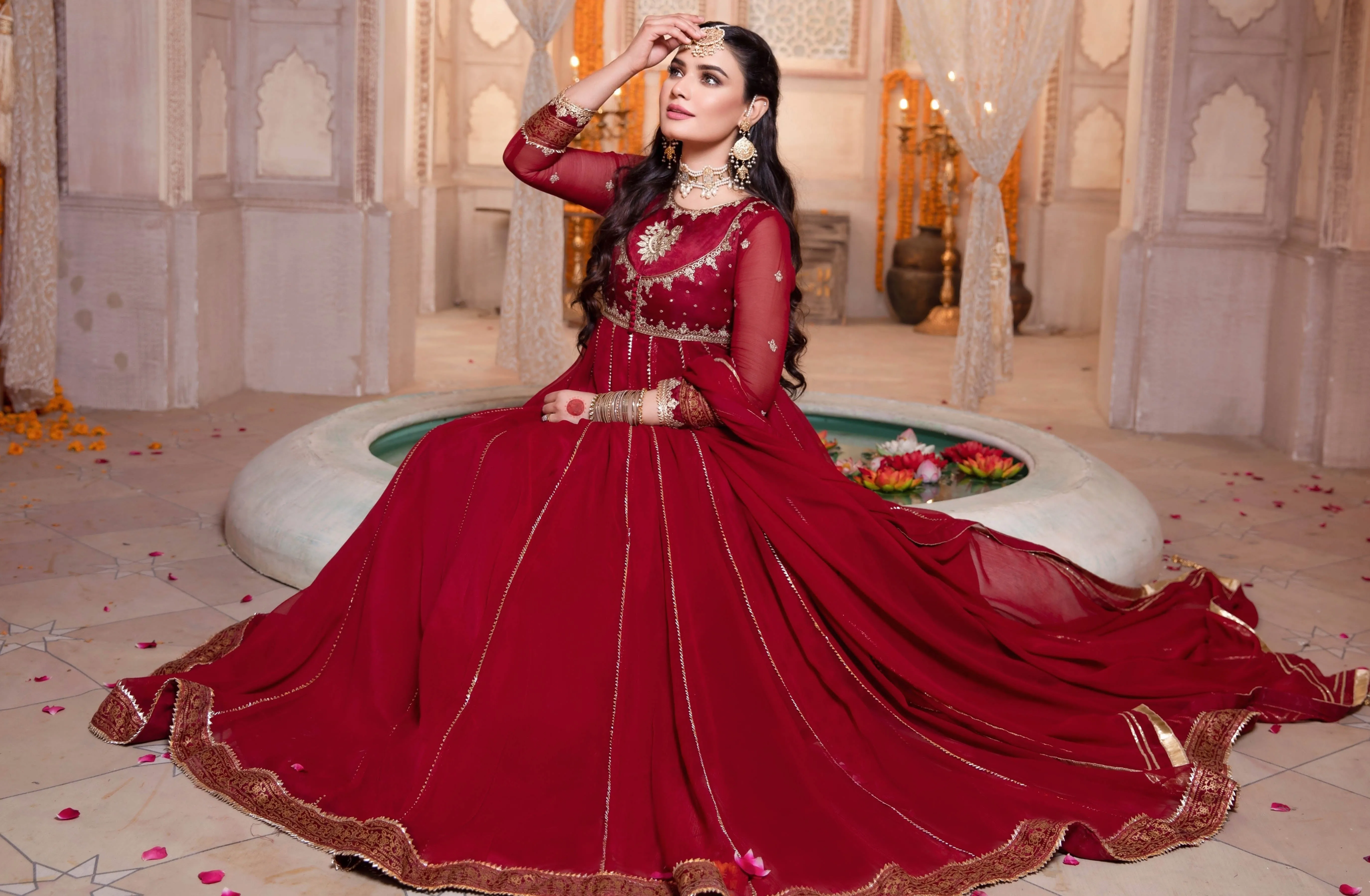 Elegant Red Chiffon Formal Dress with Zardozi and Resham Embroidery (Anar Kali)