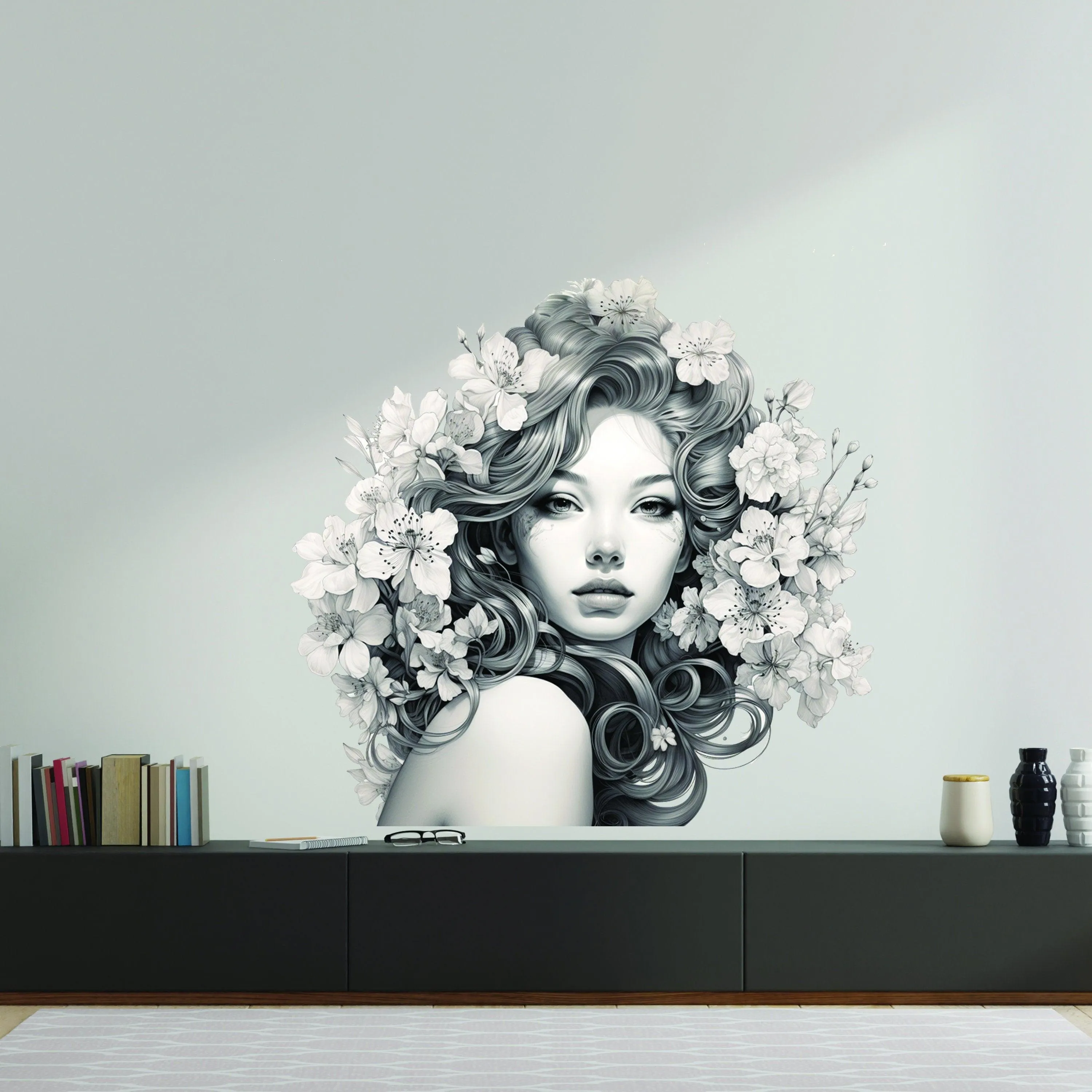 Elegant Woman with Floral Mind Decal - Apartment-Friendly Vinyl Wall Art Sticker