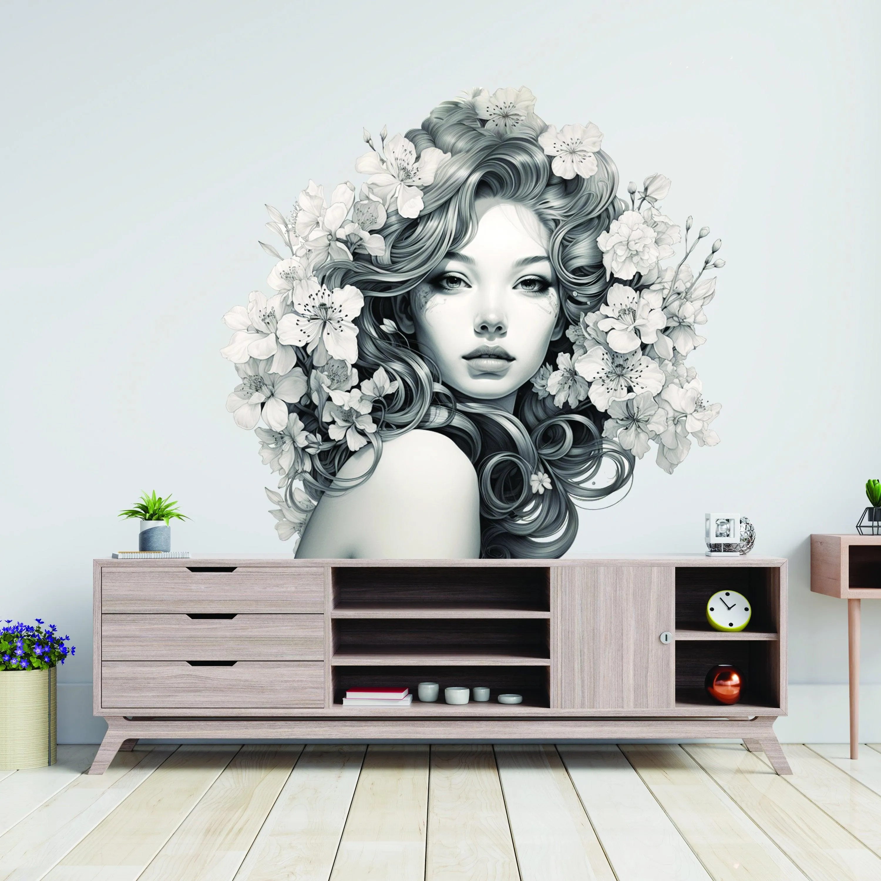 Elegant Woman with Floral Mind Decal - Apartment-Friendly Vinyl Wall Art Sticker