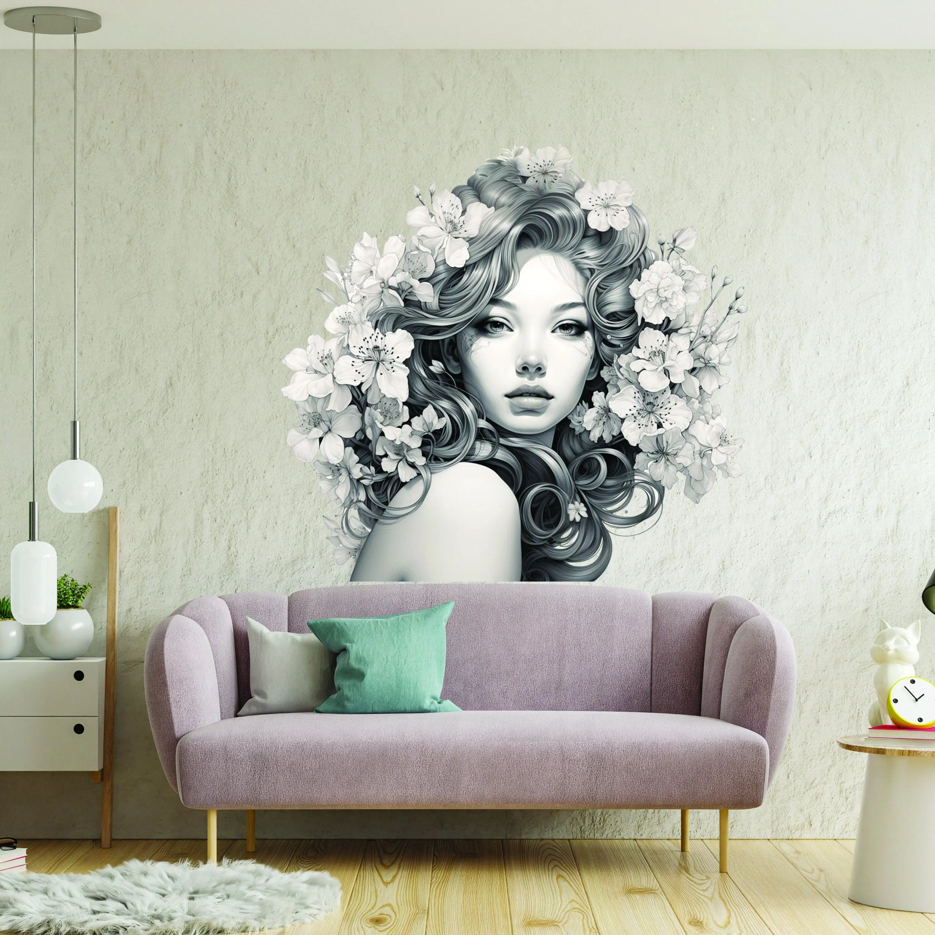 Elegant Woman with Floral Mind Decal - Apartment-Friendly Vinyl Wall Art Sticker