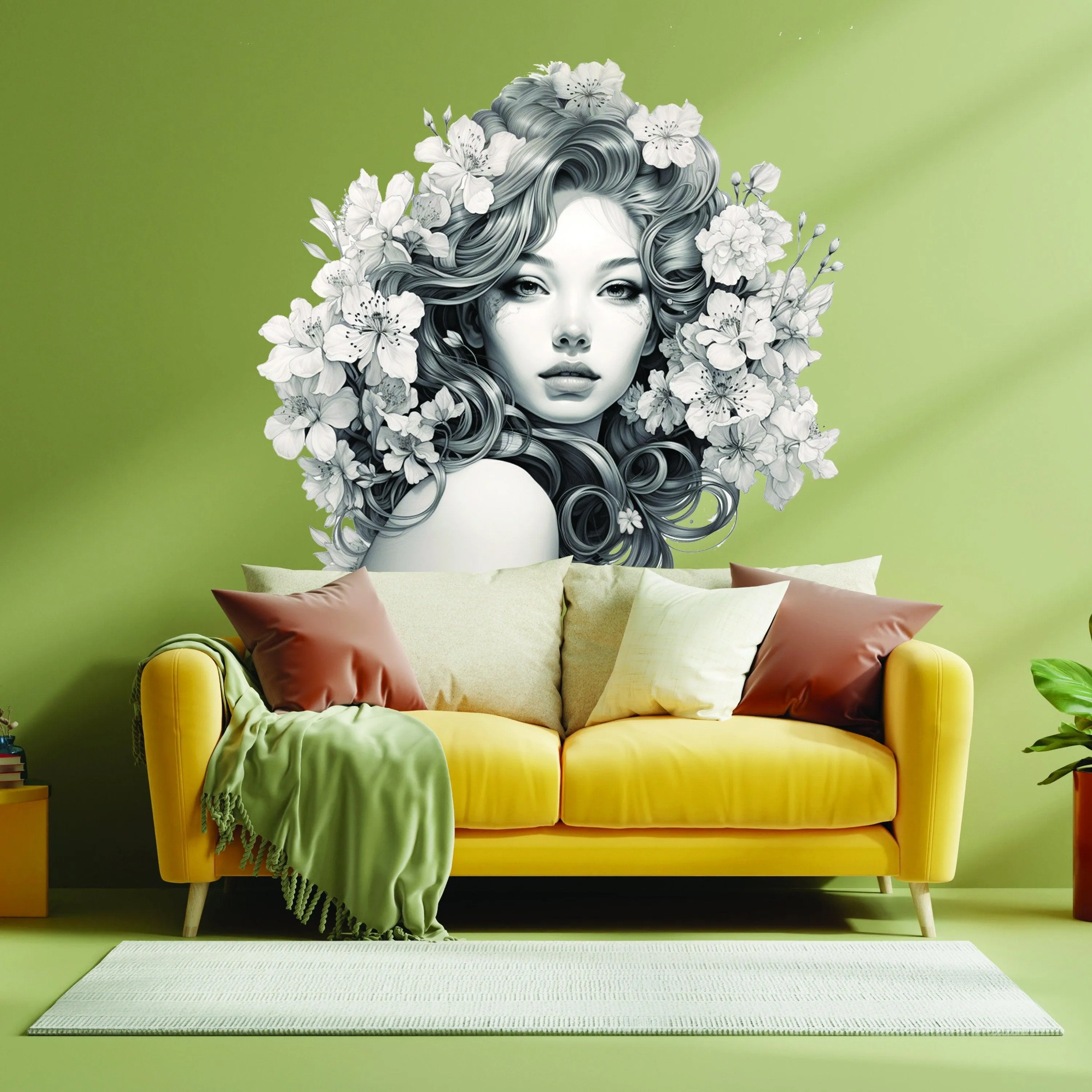 Elegant Woman with Floral Mind Decal - Apartment-Friendly Vinyl Wall Art Sticker