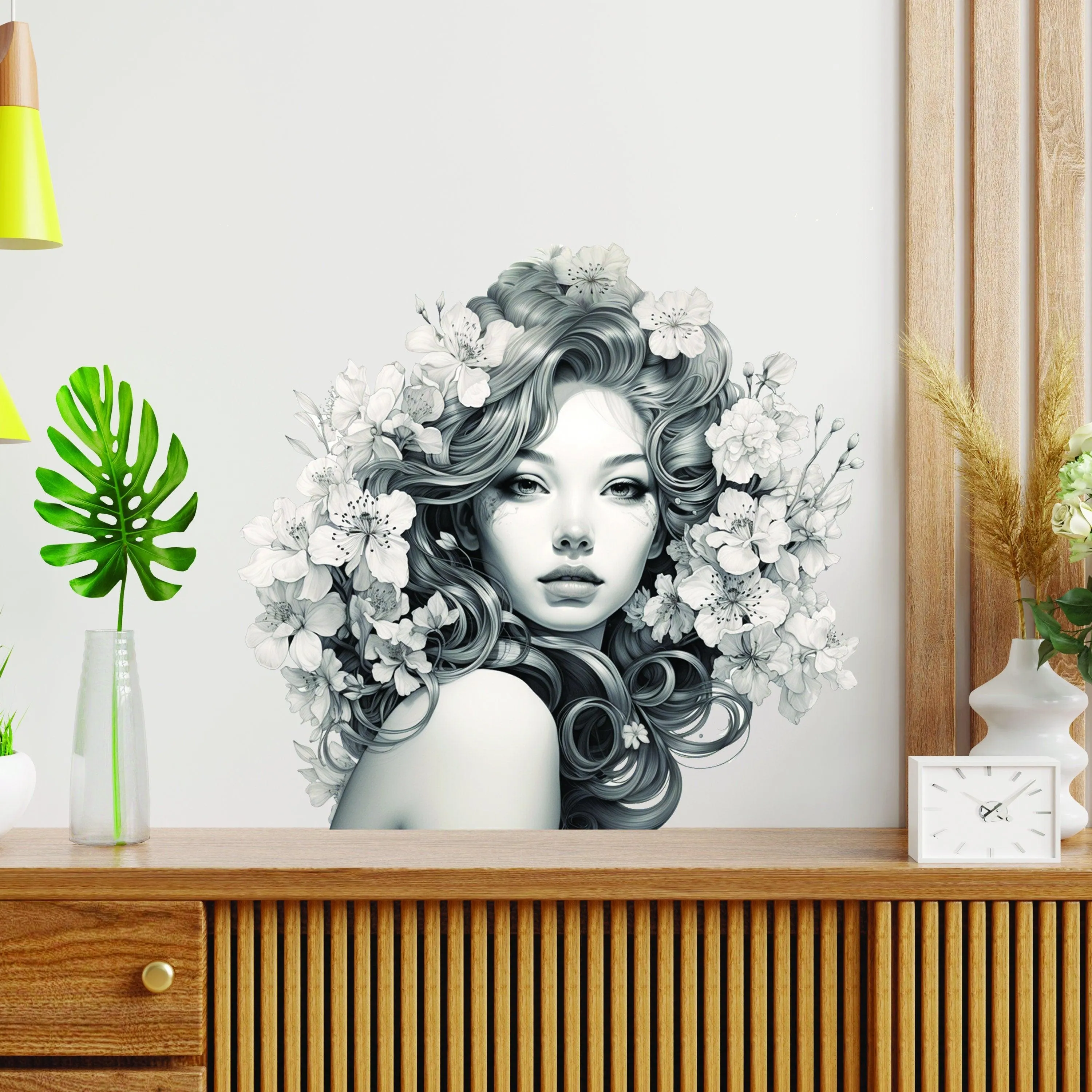 Elegant Woman with Floral Mind Decal - Apartment-Friendly Vinyl Wall Art Sticker