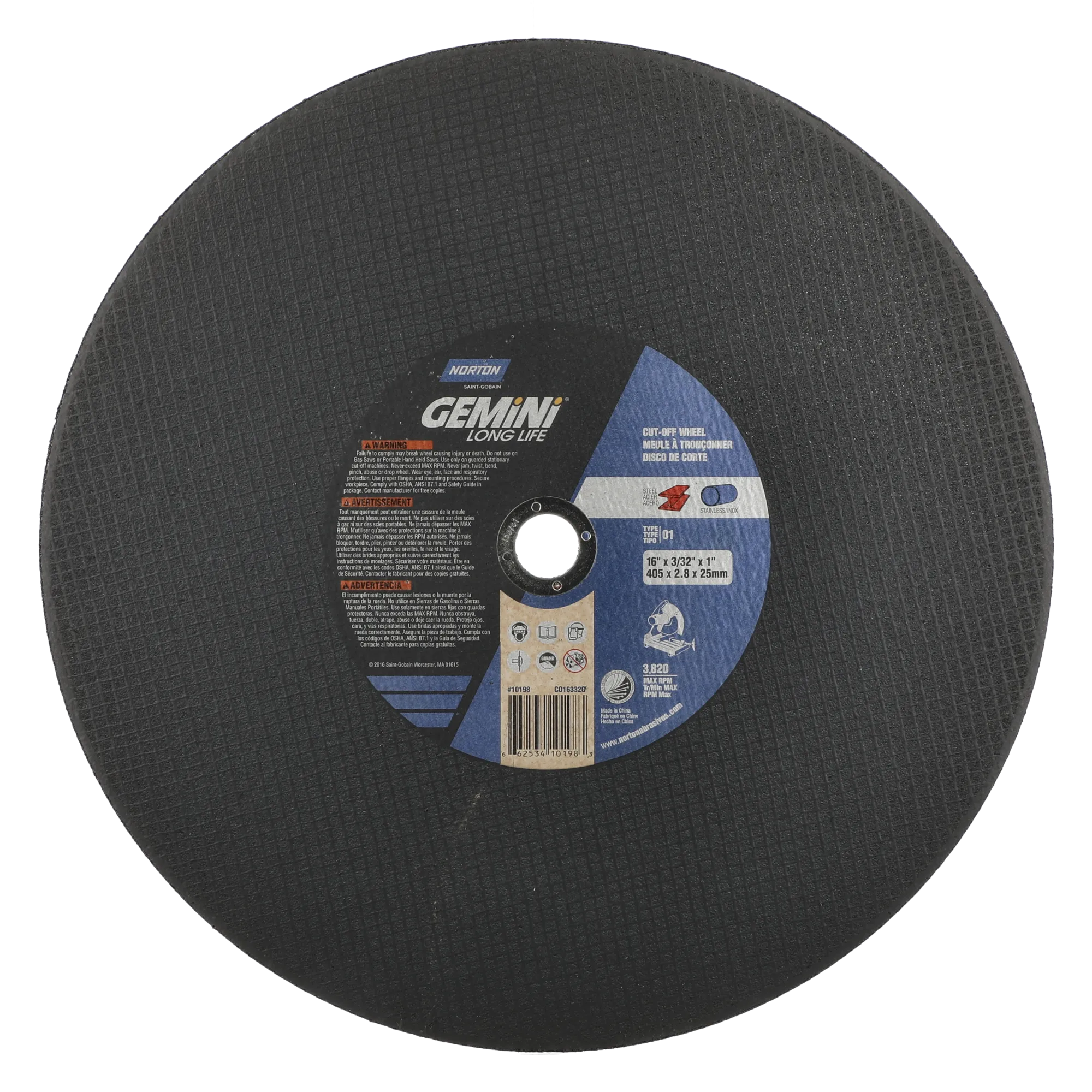 Norton 16 x 7/64 x 1 In. Gemini LF Chop Saw Cut-Off Wheel 36 P T01/41 10 Count