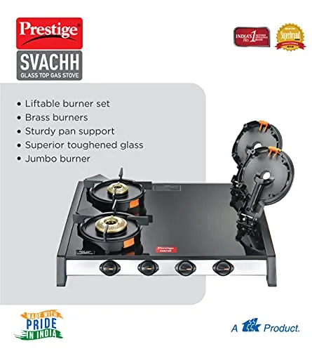 Prestige Svachh GTSV-04 Glass top LP Gas Table, 4 Burner, With Liftable Burner Set