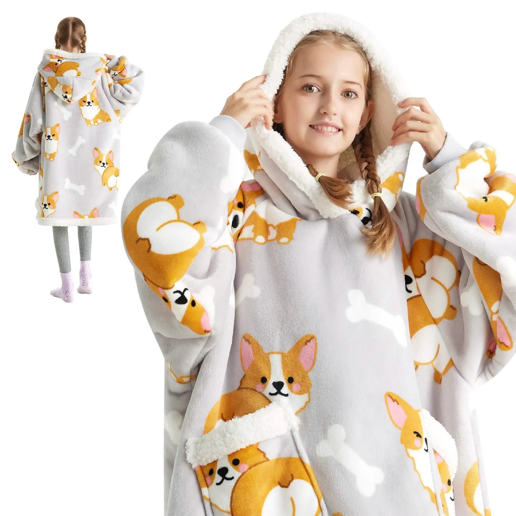 Sherpa Fleece Printed Short Wearable Blanket Hoodie