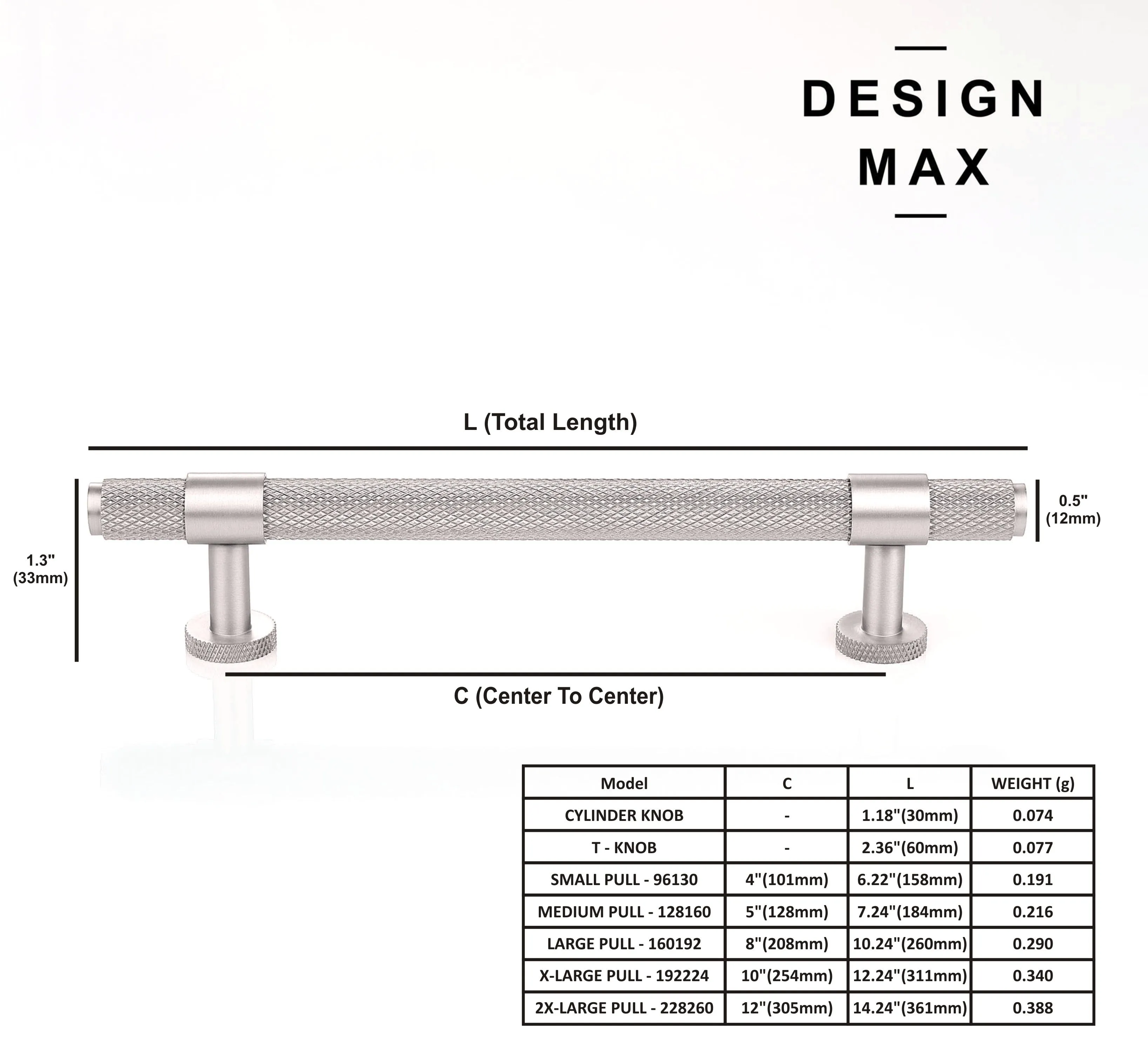 Signature Knurled Satin Silver Solid Brass Cabinet Pull