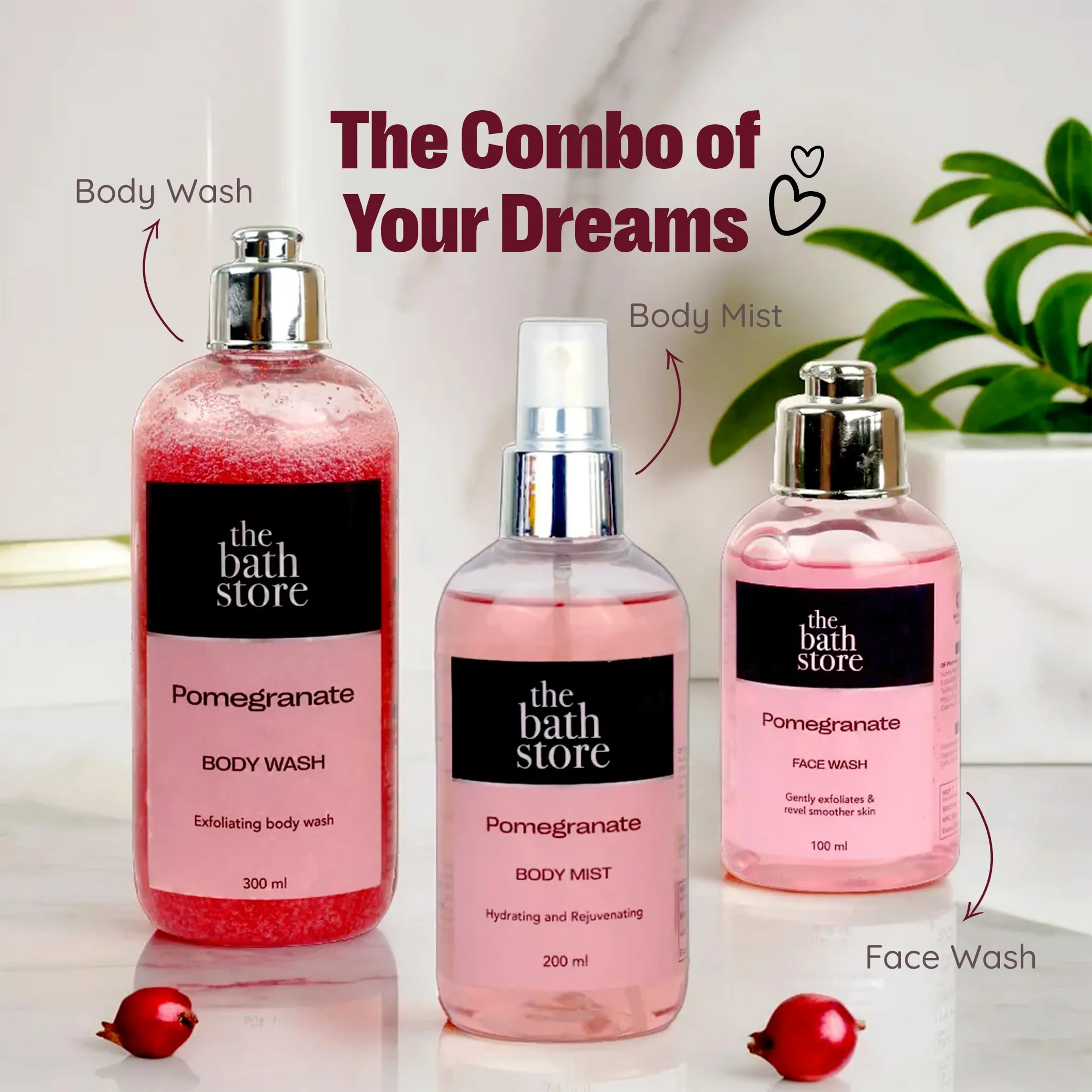 The Bath Store Pomegranate face Wash, Body Wash & Mist Combo | Prevents Body Acne Exfoliates Skin | All Skin Types | Shower Gel | Unisex | Keeps Skin Fresh & Clean | For Men & Women