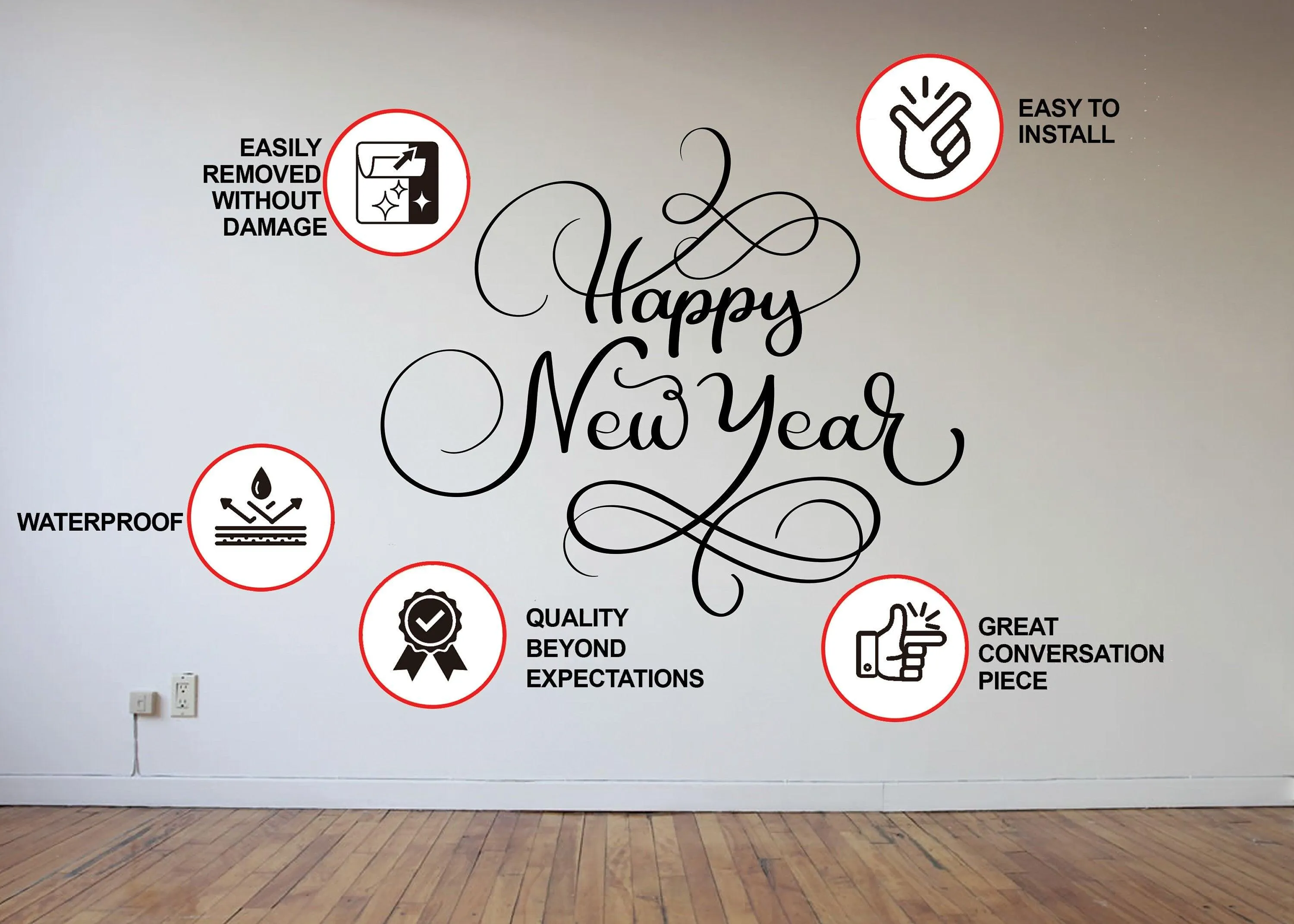 Uplifting New Year Quote Wall Vinyl Sticker - "Happy New Year" Text Decal Sign for Living Room